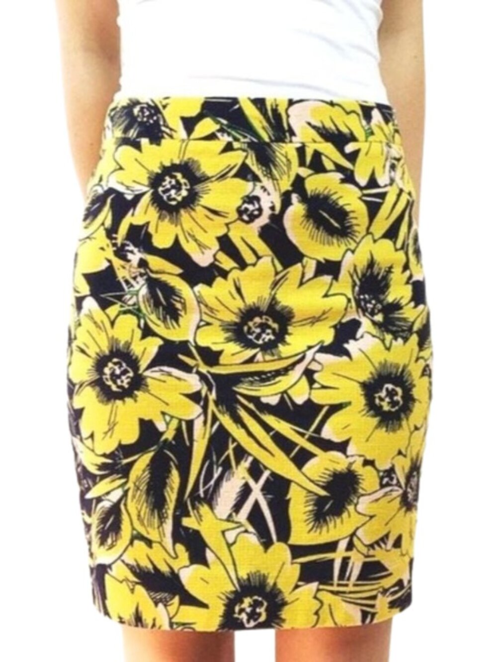 J.Crew Yellow Black Floral Pencil Skirt Size 4 Bold Print Career Workwear